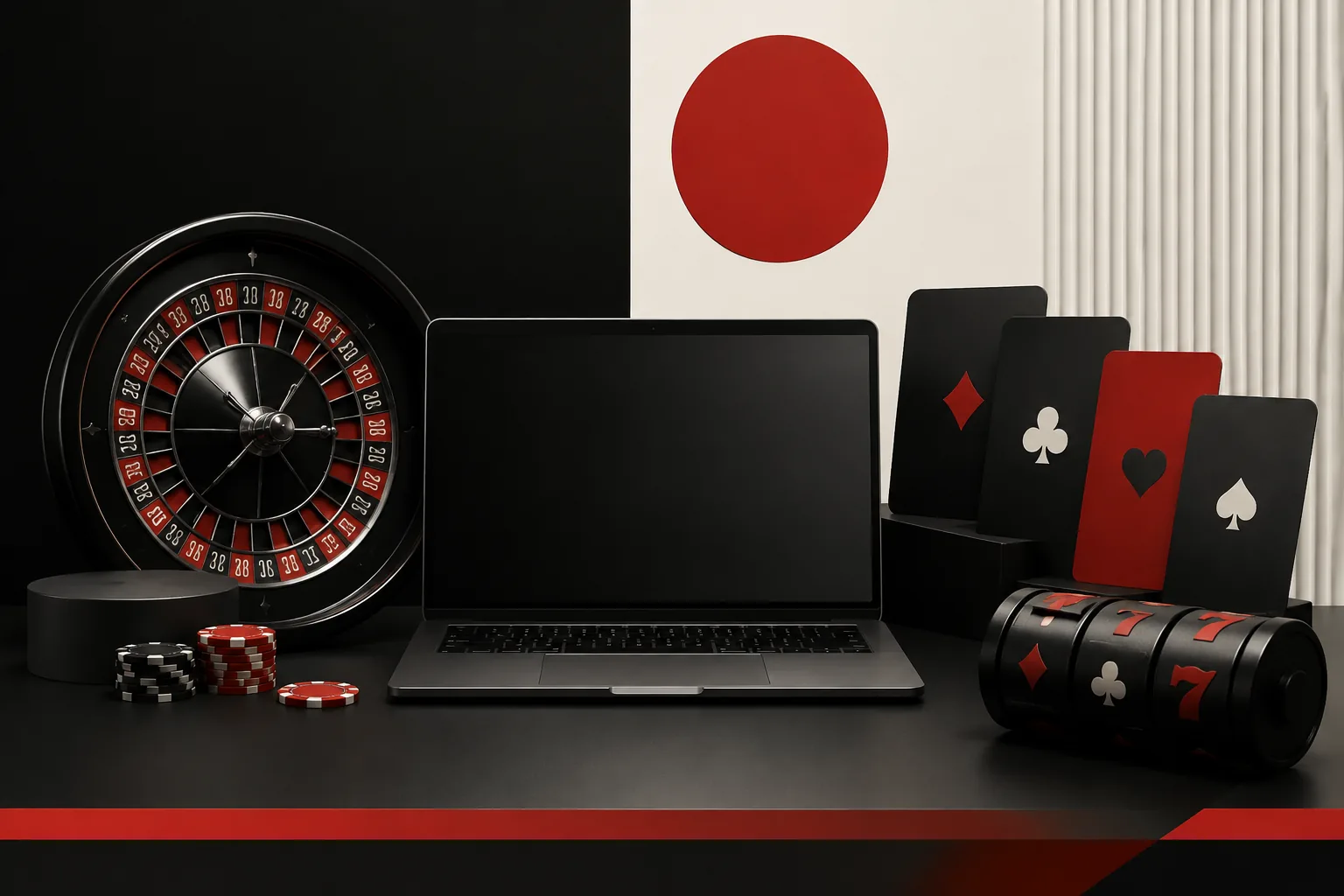 Suasana editorial kasino digital dengan laptop, slot, dan meja roulette