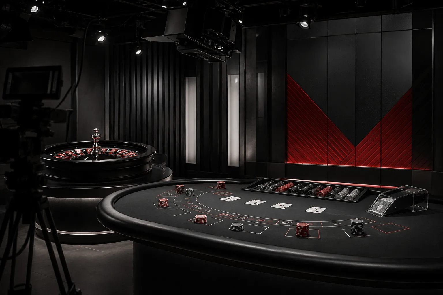 Studio kasino langsung fiktif dengan meja kartu dan roda roulette