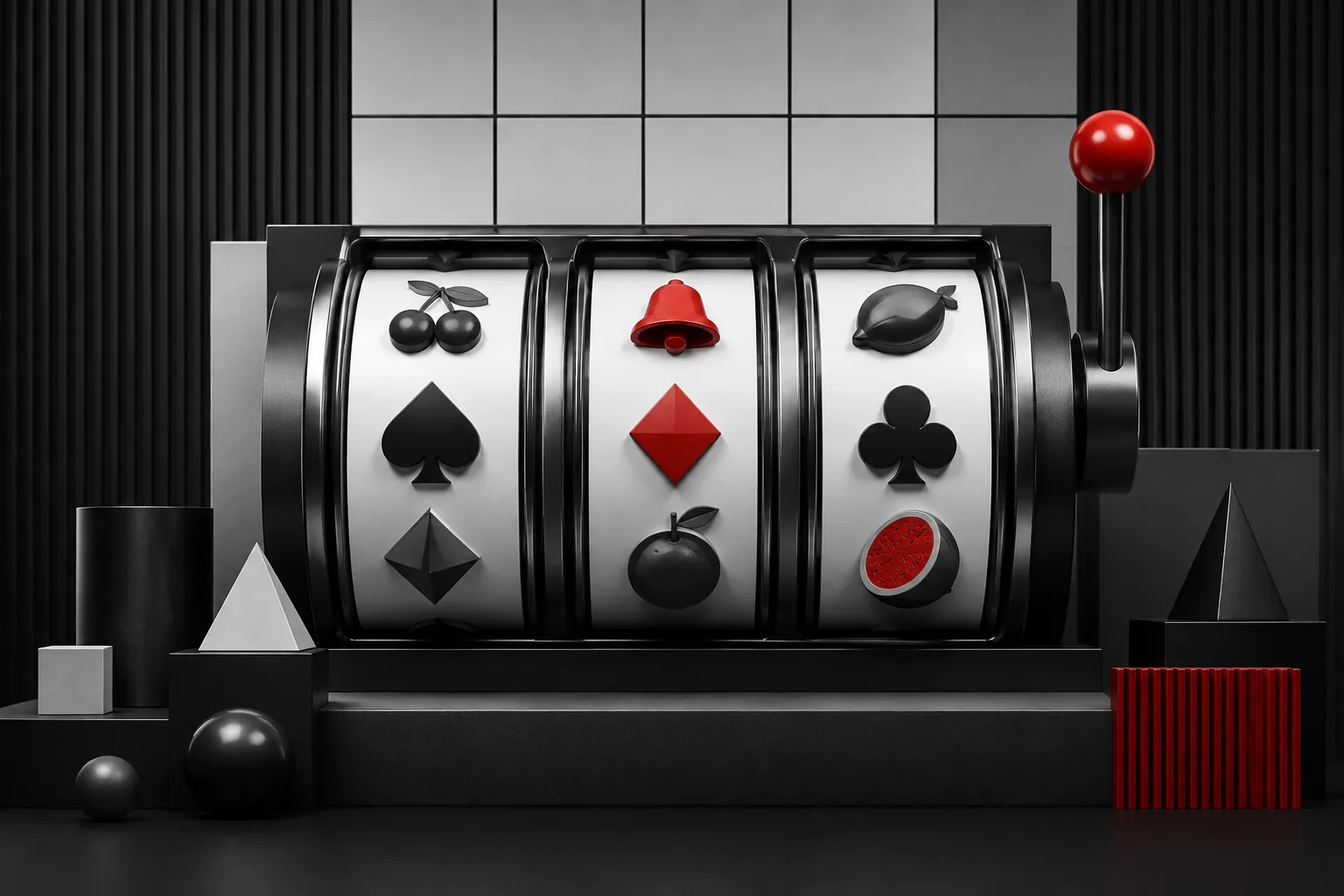Panel slot fiktif dengan simbol generik untuk menjelaskan mekanisme permainan